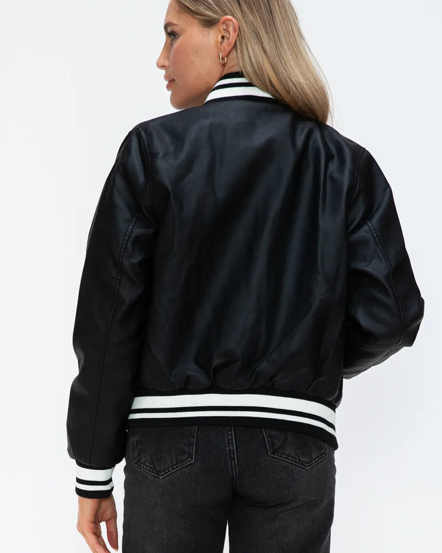 Love Me Now PU Leather Contrast Snap Down Bomber Jacket