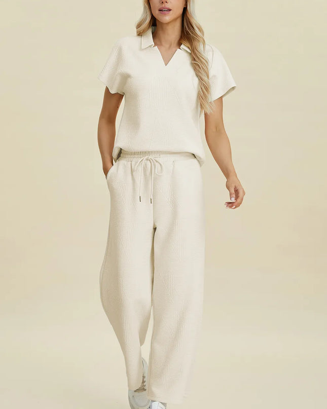 Double Take Full Size Collared Neck Short Sleeve Top and Pants Set