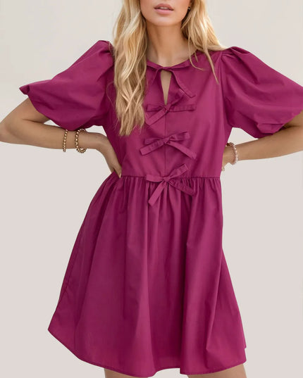 Oh Bow Ruched Puff Sleeve Mini Dress