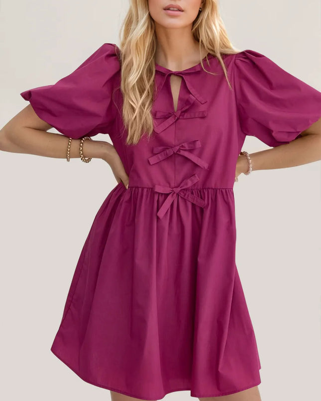 Oh Bow Ruched Puff Sleeve Mini Dress