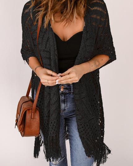 Fringe Hem Slit Open Front Cardigan