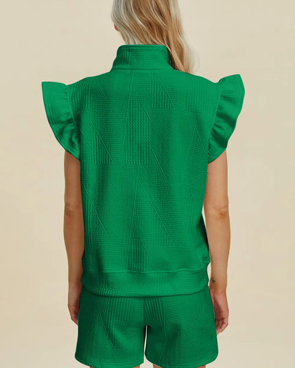 Double Take Full Size Texture Flounce Sleeve Top and Shorts Set
