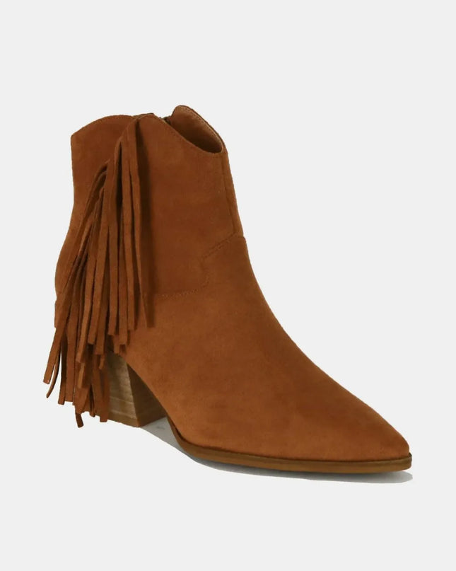 Beast Fashion Suede Fringe Point Toe Ankle Boots Caramel