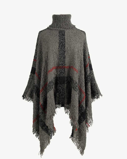 Plaid Turtleneck Raw Hem Poncho Charcoal One Size
