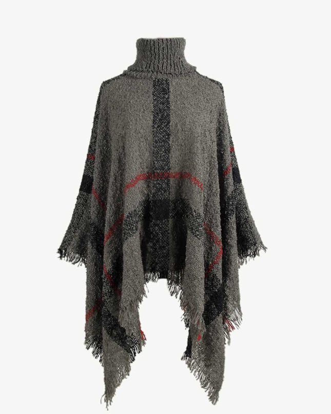 Plaid Turtleneck Raw Hem Poncho Charcoal One Size