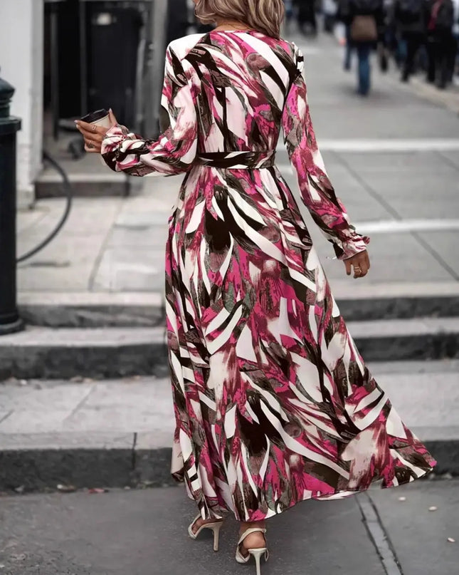 Printed Surplice Long Sleeve Maxi Dress