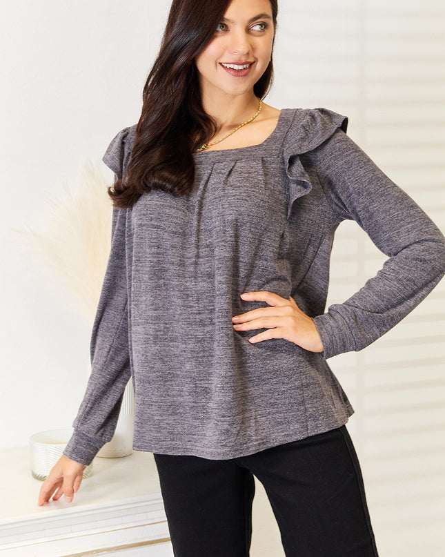 Double Take Square Neck Ruffle Shoulder Long Sleeve T-Shirt
