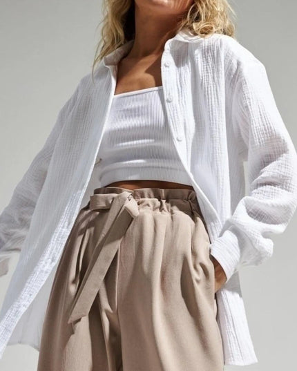 Button Up Long Sleeve Texture Shirt White