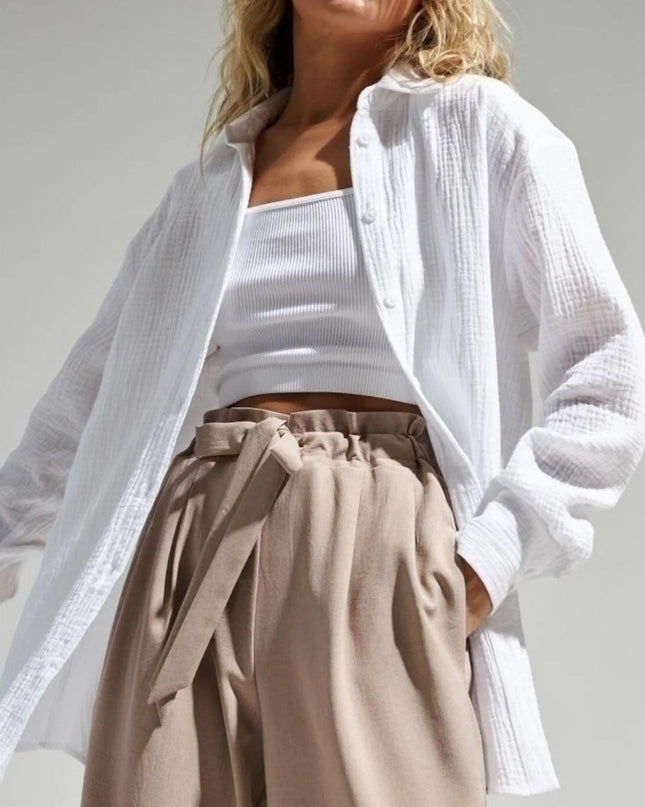 Button Up Long Sleeve Texture Shirt White