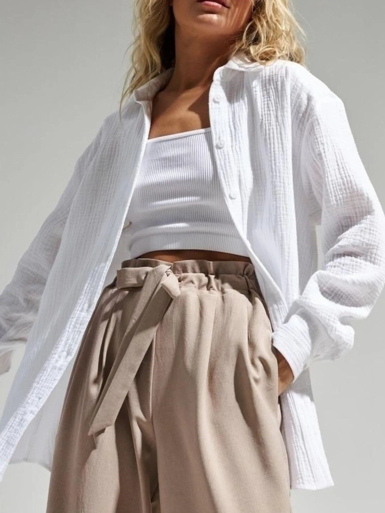 Button Up Long Sleeve Texture Shirt White