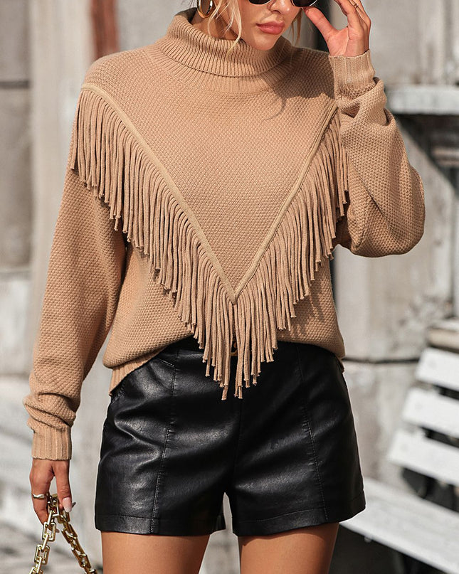 Turtle Neck Tassel Front Long Sleeve Pullover Sweater