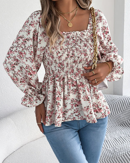 Floral Square Neck Flounce Sleeve Blouse 