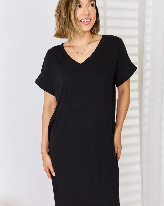 Zenana Full Size Rolled Short Sleeve V-Neck Dress Black