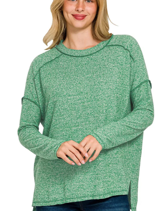 Zenana Full Size Melange Hacci Exposed Seam Hi-low Tee Plus Size DK GREEN