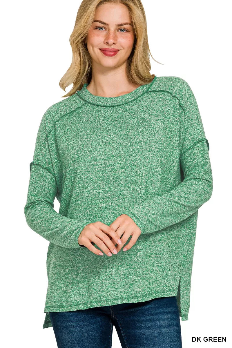 Zenana Full Size Melange Hacci Exposed Seam Hi-low Tee Plus Size DK GREEN