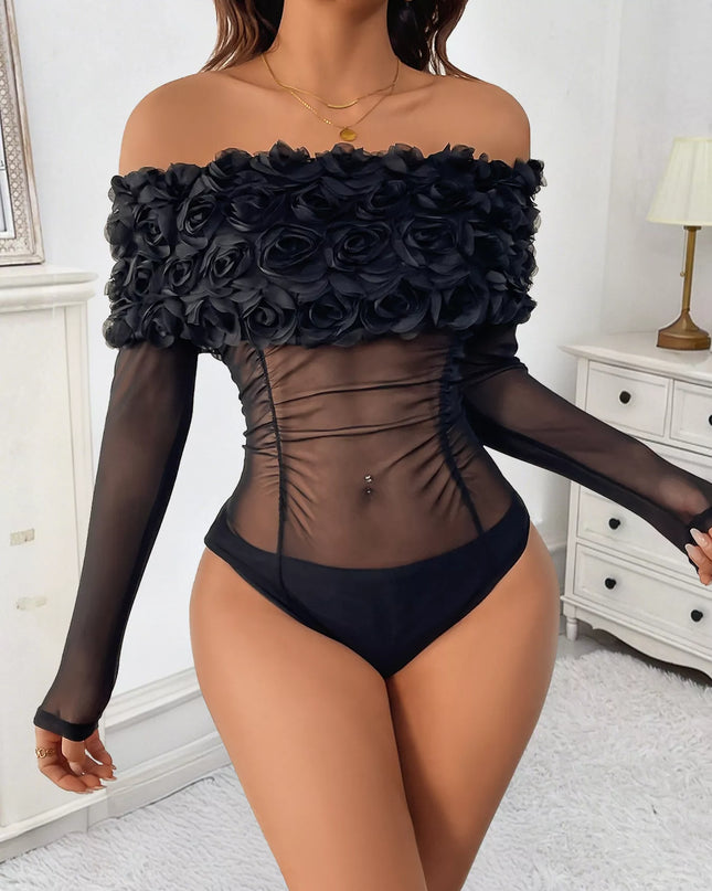 Flower Off-Shoulder Mesh Bodysuit