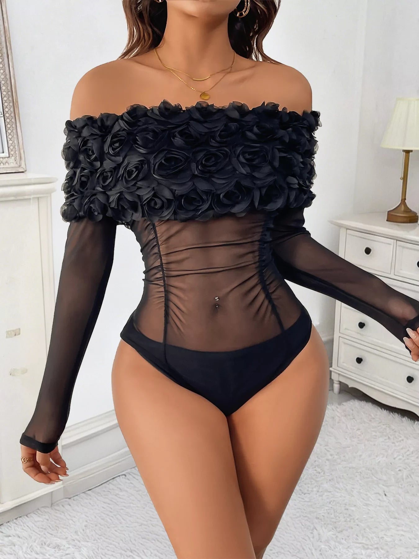 Flower Off-Shoulder Mesh Bodysuit