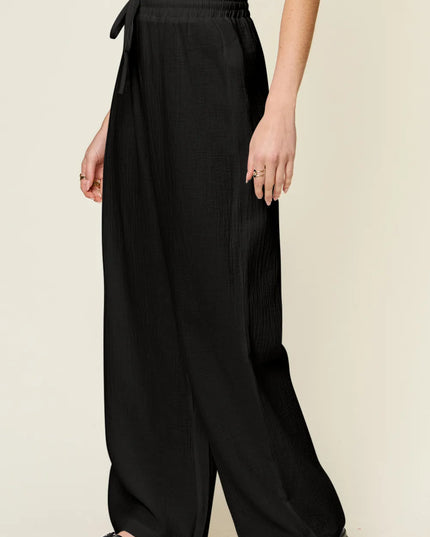 Double Take Full Size Texture Drawstring Wide Leg Pants