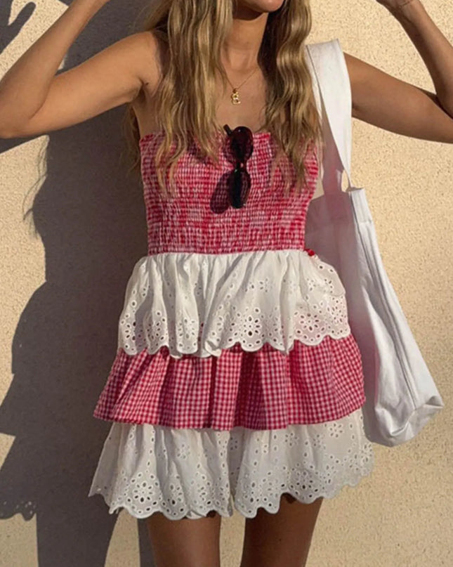 Eyelet Gingham Ruffle Layered Tube Dress Strawberry