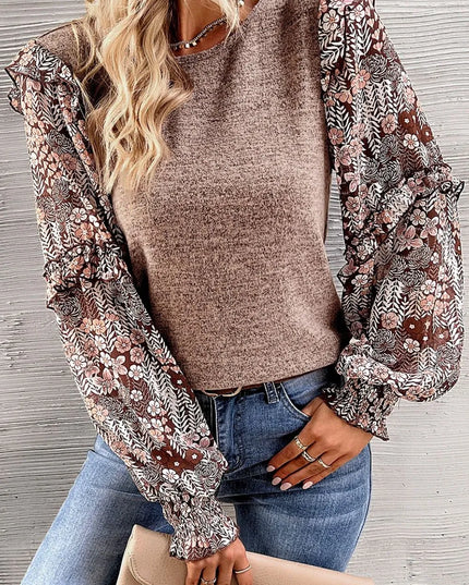 Heathered Floral Frill Lantern Sleeve Blouse Khaki