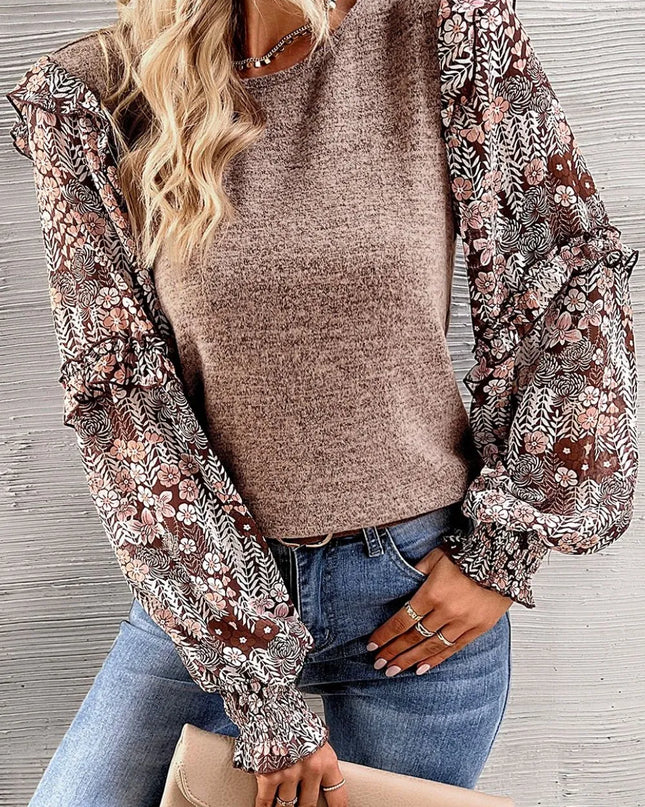 Heathered Floral Frill Lantern Sleeve Blouse Khaki