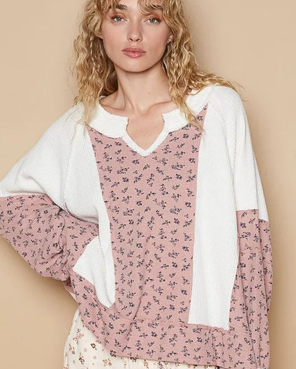 POL Waffle Knit Floral Notched Long Sleeve Top White