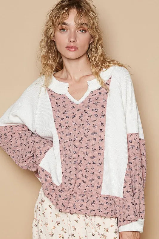 POL Waffle Knit Floral Notched Long Sleeve Top White
