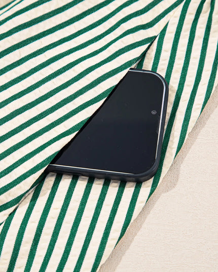 Stripe V Neck Zip Front Cinched High Waist Midi Dress