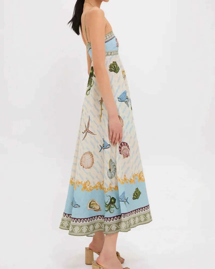 Ocean Print Spaghetti Strap Midi Dress