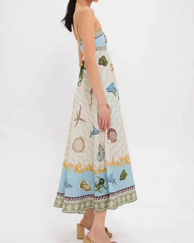 Ocean Print Spaghetti Strap Midi Dress