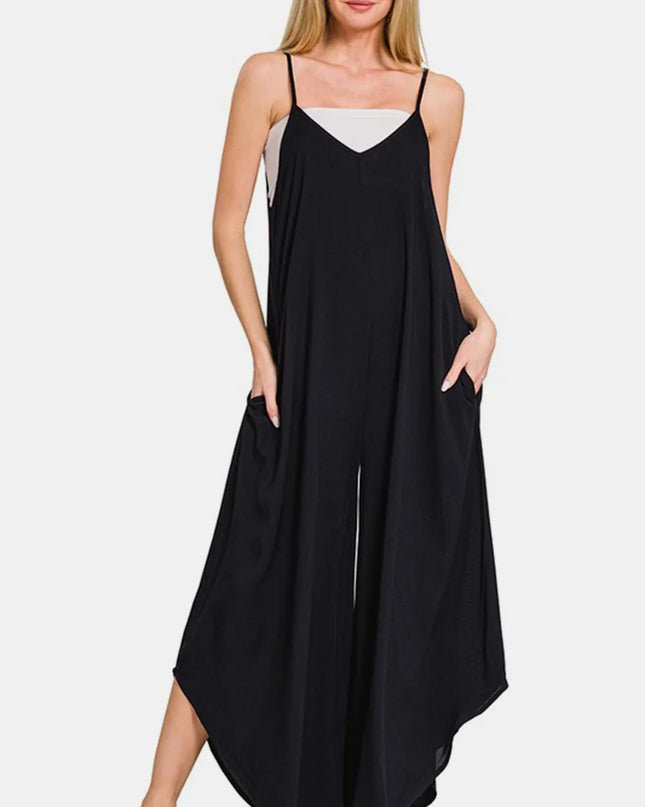 Zenana Spaghetti Strap Wide Leg Overalls with Pockets Black