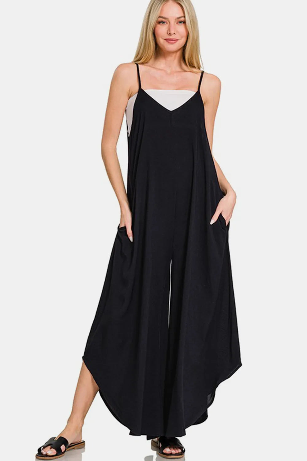 Zenana Spaghetti Strap Wide Leg Overalls with Pockets Black