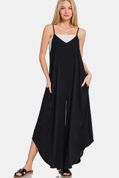 Zenana Spaghetti Strap Wide Leg Overalls with Pockets Black