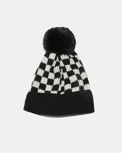 Checkered Knit Hat with Pompom