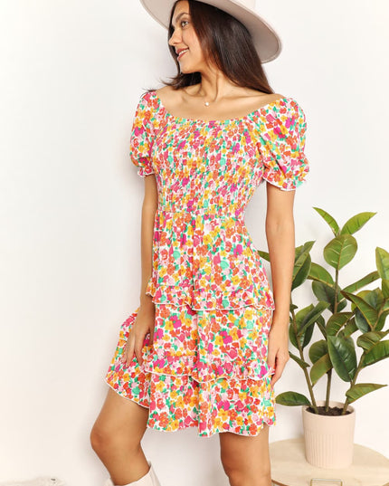 Devine Smocked Sweetheart Neck Flounce Sleeve Mini Dress