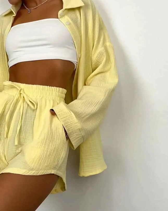 Texture Button Up Shirt and Shorts Set