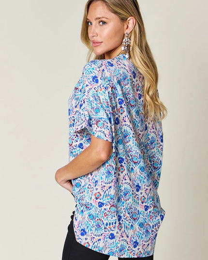 Double Take Full Size Printed V-Neck Short Sleeve Blouse