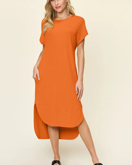 Double Take Full Size Round Neck Short Sleeve Slit Dress Tangerine