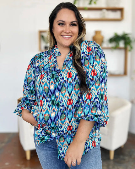 Double Take Full Size Printed Balloon Sleeve Blouse