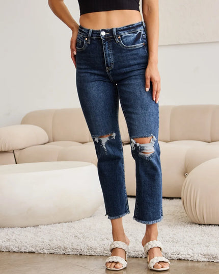 RFM Crop Dylan Full Size Tummy Control Distressed High Waist Raw Hem Jeans