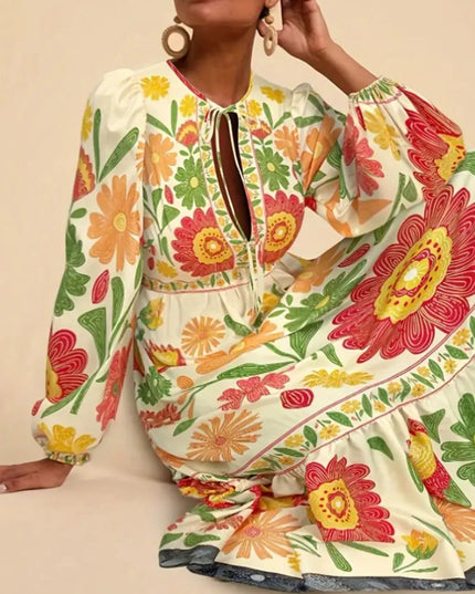 Floral Tie Waist Long Sleeve Dress