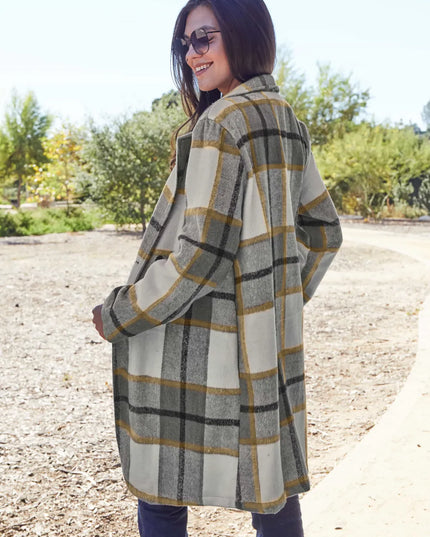 Double Take Full Size Plaid Button Up Lapel Collar Coat