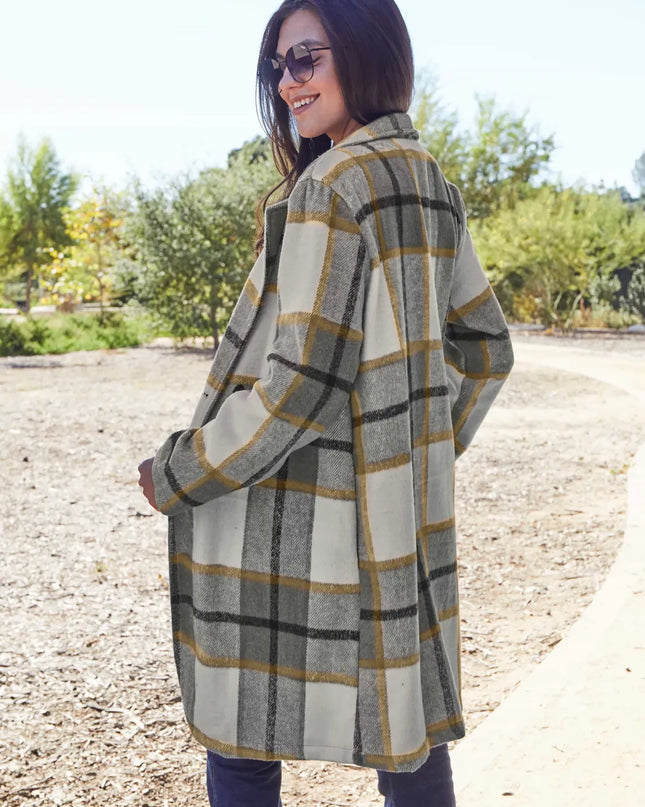 Double Take Full Size Plaid Button Up Lapel Collar Coat