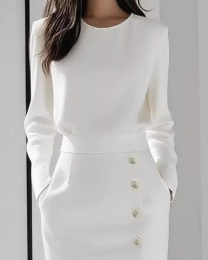 Long Sleeve Button Detail Midi Dress with Side Slit