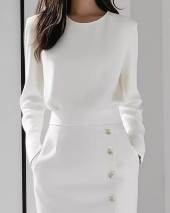 Long Sleeve Button Detail Midi Dress with Side Slit