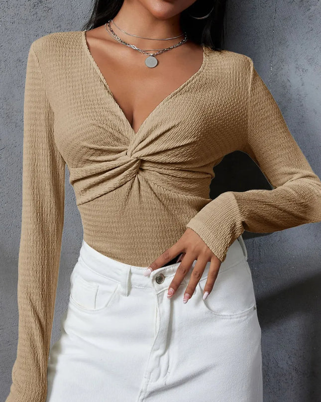 Twisted V-Neck Long Sleeve Blouse Camel