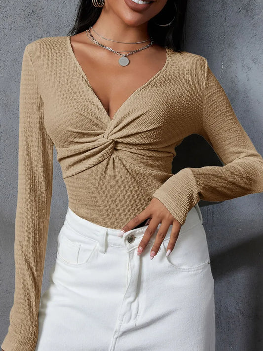 Twisted V-Neck Long Sleeve Blouse Camel