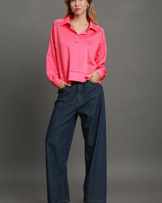 Umgee Exposed Seam Long Sleeve Polo Top with Side Slit