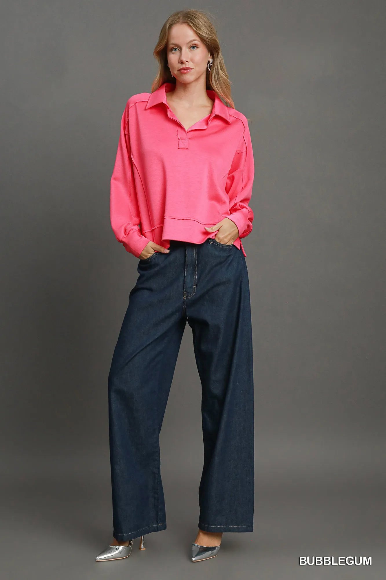 Umgee Exposed Seam Long Sleeve Polo Top with Side Slit