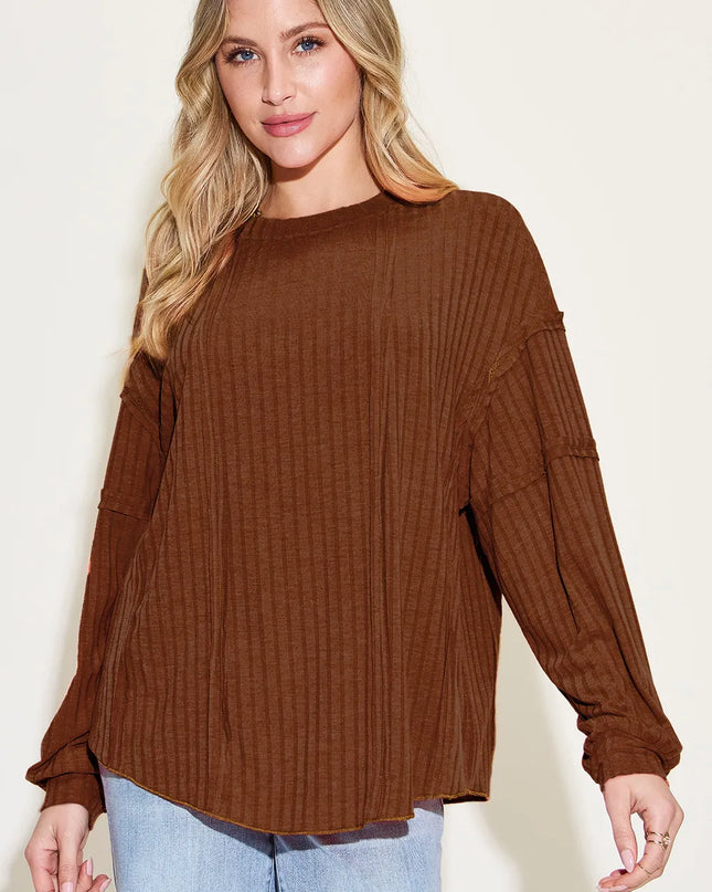Basic Bae Full Size Ribbed Round Neck Long Sleeve T-Shirt Dark Brown